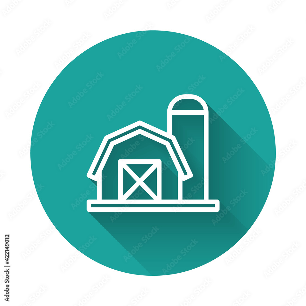 White line Farm house icon isolated with long shadow background. Green circle button. Vector White line Farm house icon isolated with long shadow background. Green circle button. Vector