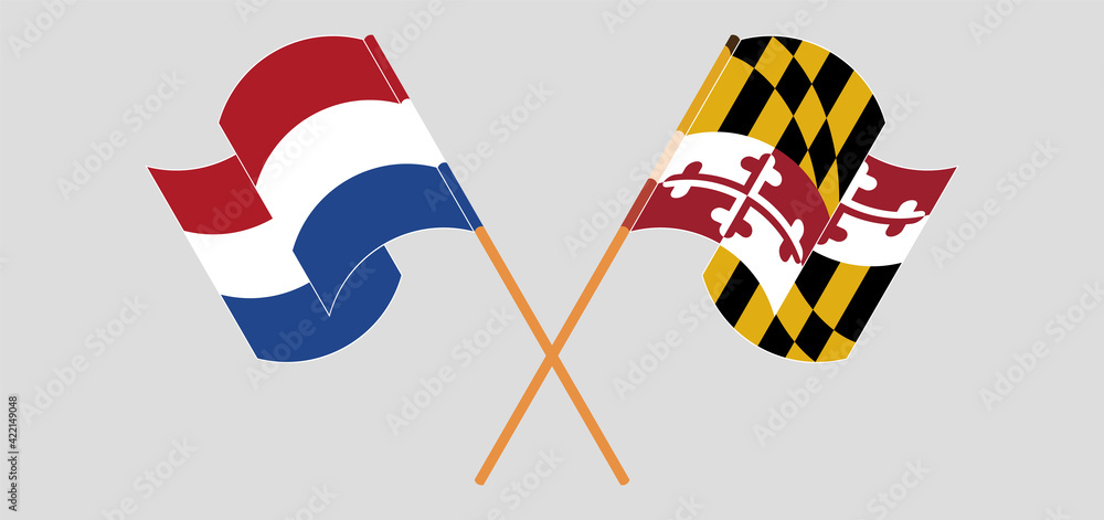 Crossed and waving flags of the Netherlands and the State of Maryland Crossed and waving flags of the Netherlands and the State of Maryland