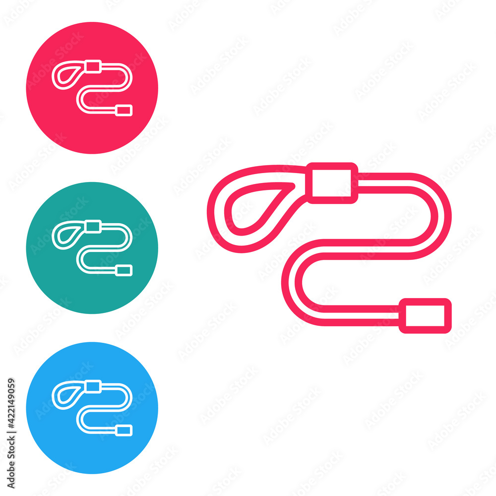 Red line Retractable cord leash with carabiner icon isolated on white background. Pet dog lead. Animal accessory for outdoors walk. Set icons in circle buttons. Vector Red line Retractable cord leash with carabiner icon isolated on white background. Pet dog lead. Animal accessory for outdoors walk. Set icons in circle buttons. Vector
