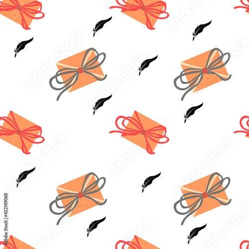 Envelopes and a pen on the table. Top-down view. Greeting card and letter. Modern vector illustration for web design and printing. Retro postcards and envelopes. Set of vector illustrated seamless pat