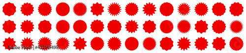 Set of red price sticker, sale or discount sticker, sunburst badges icon. Stars shape with different number of rays. Special offer price tag. Red starburst promotional badge set, shopping labels. photo