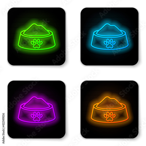 Glowing neon line Pet food bowl for cat or dog icon isolated on white background. Dog or cat paw print. Black square button. Vector