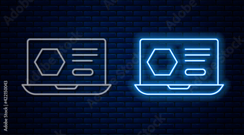 Glowing neon line Honey online service or platform icon isolated on brick wall background. Countryside organic product. Online shop. Vector