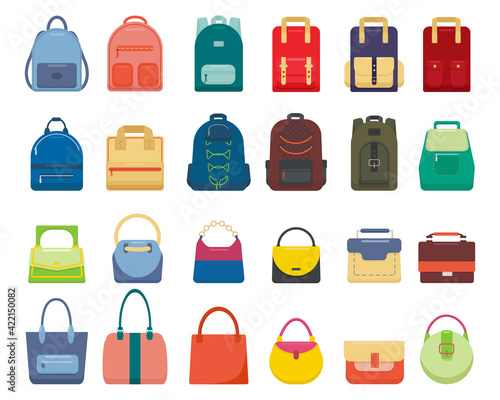 Large set of backpacks and handbags, isolated on white background. Colorful, multi-colored sports, tourist and women's backpacks and bags of various shapes.  Vector illustration in flat cartoon style