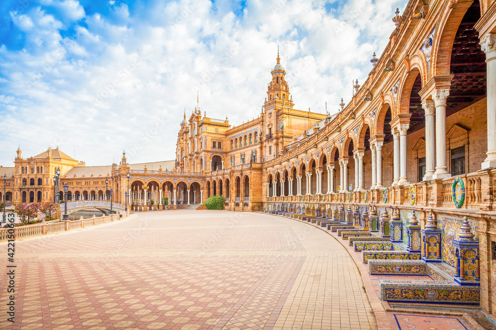 Spain Square in Seville, Spain. A great example of Iberian Renaissance architecture during a summer day with blue sky