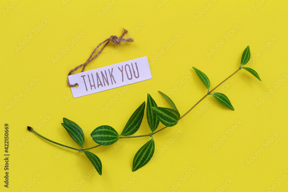 Thank you tag on vivid yellow background with green leaves