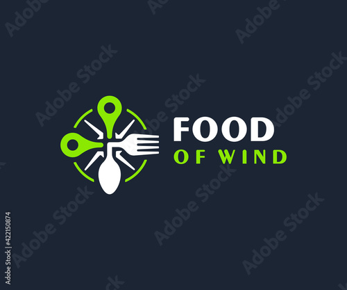 Food point logo design. Rose of wind with map marker and spoon, fork vector design. Food location logotype