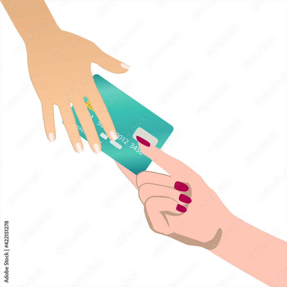 The hand gives the credit card to the other hand. Vector Illustration about fast payment. EPS 10 The hand gives the credit card to the other hand. Vector Illustration about fast payment. EPS 10