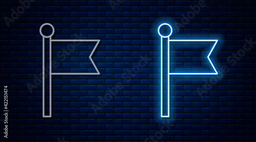 Glowing neon line Flag icon isolated on brick wall background. Victory, winning and conquer adversity concept. Vector