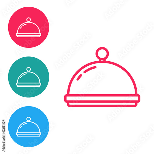 Red line Covered with a tray of food icon isolated on white background. Tray and lid sign. Restaurant cloche with lid. Kitchenware symbol. Set icons in circle buttons. Vector