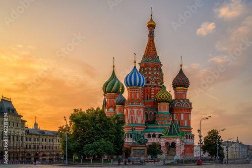 Saint Basil's Cathedral and Red Square in Moscow, Russia. Architecture and landmarks of Moscow. Sunrise cityscape of Moscow