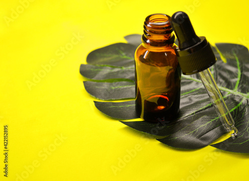 Tropical palm leaves with epty space in the middle. Glass bottle with pipette photo