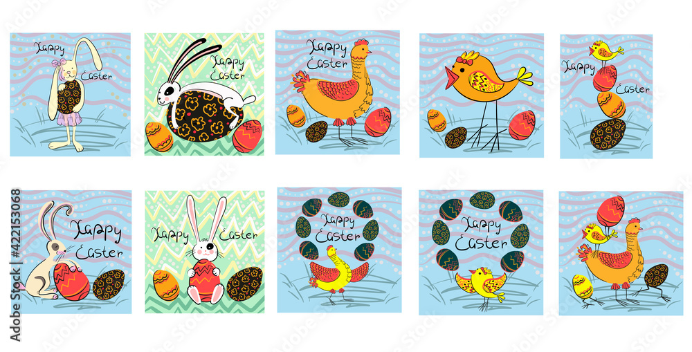 A set of 10 Easter cards with bunnies, hens, chickens and eggs in a simple style on a blue and green background, also written - Happy Easter. Stock vector illustration. A set of 10 Easter cards with bunnies, hens, chickens and eggs in a simple style on a blue and green background, also written - Happy Easter. Stock vector illustration.