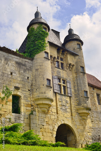 Portrait sur les tours d'entrée du château des Pérusse à Excideuil (24160), département de Dordogne en région Nouvelle-Aquitaine, France