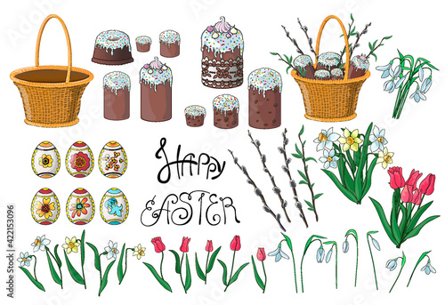 A set of Easter illustrations in cartoon style - Easter cakes, eggs, baskets, flowers - tulips, snowdrops, daffodils and pussy willow branches, as well as the inscription - Happy Easter.