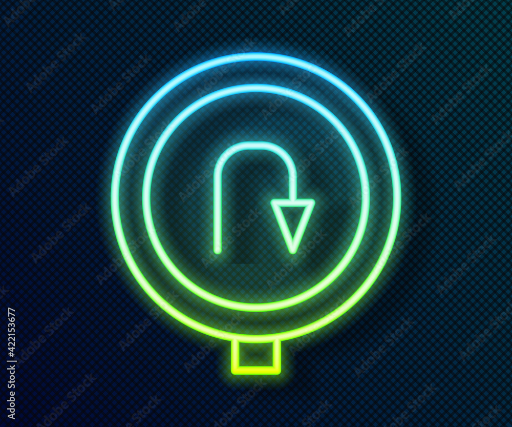 Glowing neon line Turn back road icon isolated on black background. Traffic rules and safe driving. Vector Glowing neon line Turn back road icon isolated on black background. Traffic rules and safe driving. Vector