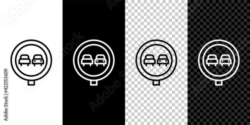 Set line No overtaking road traffic icon isolated on black and white, transparent background. Traffic rules and safe driving. Vector