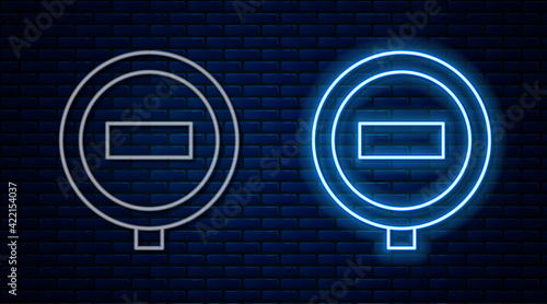 Glowing neon line Stop sign icon isolated on brick wall background. Traffic regulatory warning stop symbol. Vector