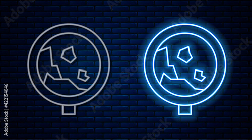 Glowing neon line Road sign warning avalanche rockfall landslides icon isolated on brick wall background. Traffic rules and safe driving. Vector
