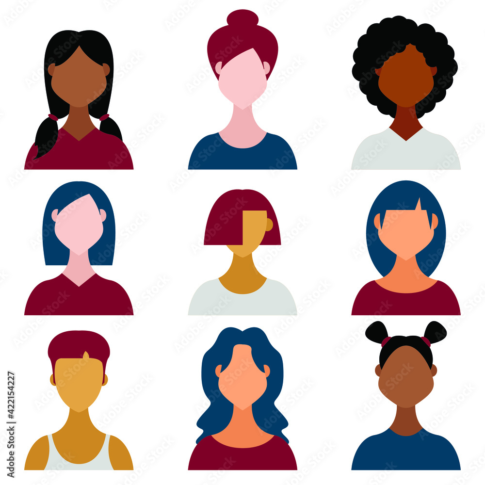Vector graphics-a set of avatars of nine female portraits of different ethnic groups and hairstyles isolated Vector graphics-a set of avatars of nine female portraits of different ethnic groups and hairstyles isolated