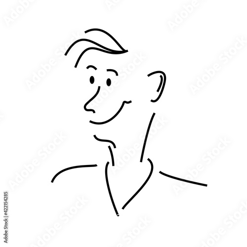 Man's face Cartoon sketch. Freehand contour line drawing of funny facial expression, happy mood. Avatar in comic cartoon style. Vector illustration