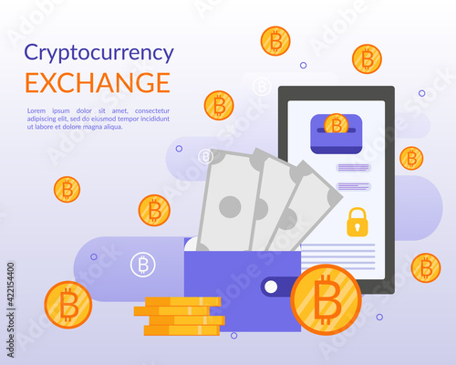 Flat illustration with phone, wallet, dollars, golden coin of bitcoin, place for your text. Cryptocurrency exchange, multicurrency wallet. Online vector illustration on blue background.