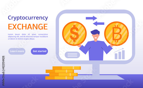 Cryptocurrency exchange concept illustration. Man on the screen of monitor with bitcoin and dollar golden coin in his hand. Multicurrency wallet.Online flat vector illustration. Place for your text.
