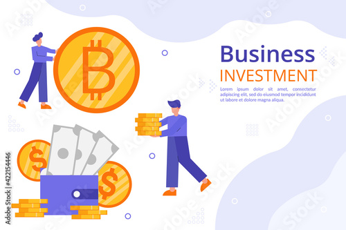 Business investment concept illustration. People with bitcoin golden coin and wallet with dollars. Place for your text. Cryptocurrency exchange, multicurrency wallet.
