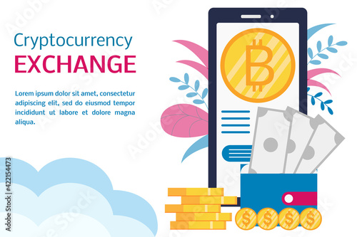 Cryptocurrency exchange concept illustration. Flat illustration with phone,wallet,dollars,golden coin of bitcoin,place for your text. Multicurrency wallet. Online vector illustration.