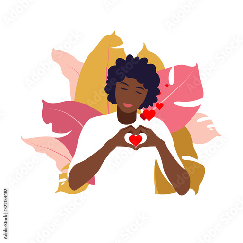 Young african woman hugs a big heart with love and care. Self care and body positive concept. Feminism, fight for your rights, girl power concept. Flat.