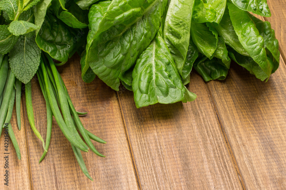Lettuce leaves romaine and green onions Lettuce leaves romaine and green onions