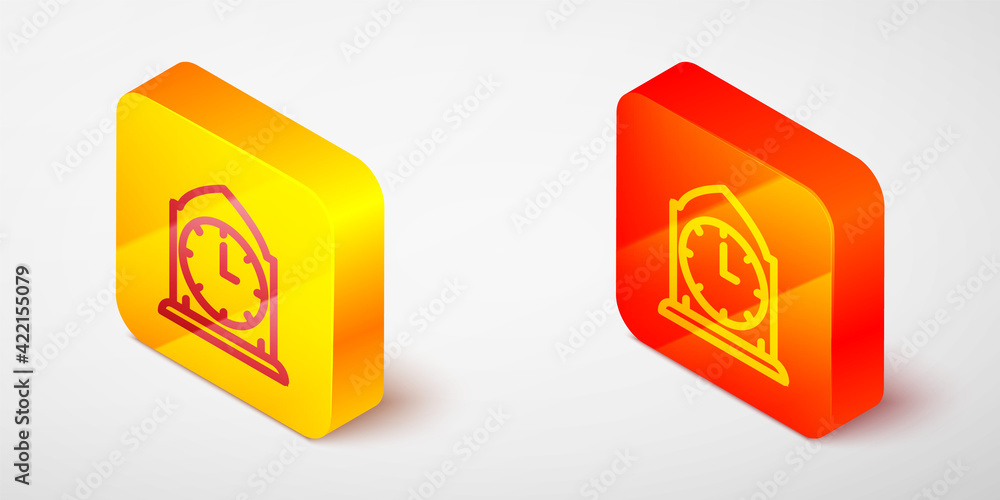 Isometric line Clock icon isolated on grey background. Time symbol. Yellow and orange square button. Vector Isometric line Clock icon isolated on grey background. Time symbol. Yellow and orange square button. Vector