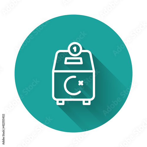 White line Donate or pay your zakat as muslim obligatory icon isolated with long shadow background. Muslim charity or alms in ramadan kareem before eid al-fir. Green circle button. Vector