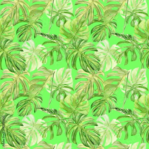 Watercolor illustration seamless pattern of tropical leaf monstera. Perfect as background texture, wrapping paper, textile or wallpaper design. Hand drawn © NataliaArkusha