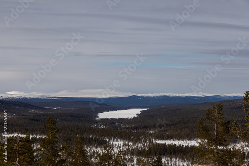 Winter landscape with Scandinavian mountains and a frozen lake.Shot at Idre fj  ll in Sweden  Scandinavia.