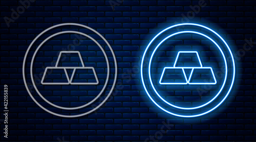 Glowing neon line Gold bars icon isolated on brick wall background. Banking business concept. Vector