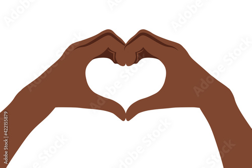 Two african hands making heart sign. Love  romantic relationship concept. Isolated vector illustration. Flat style.