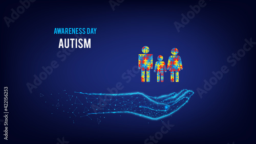  Autism awareness day. Family, mom, dad, child in polygonal hand.  Puzzle Pieces. Blue background.