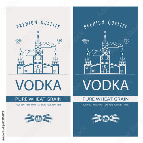 collection of vodka labels with Moscow Kremlin in retro style