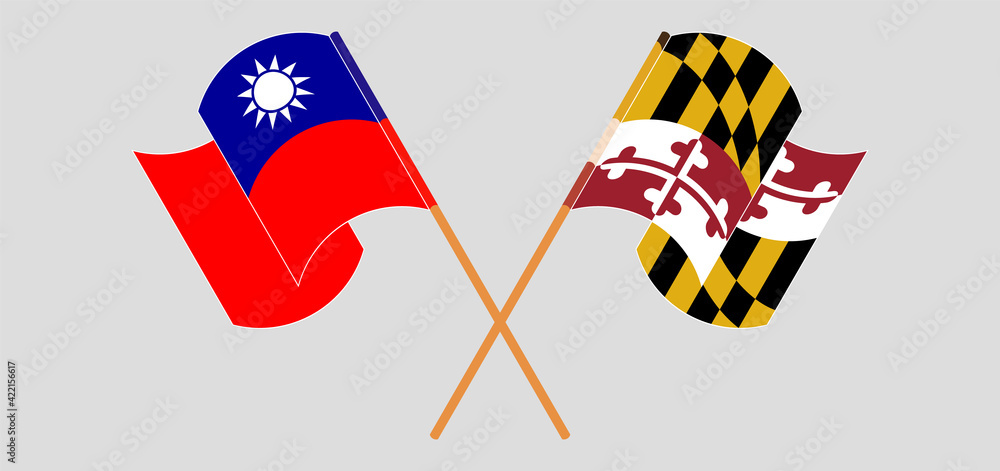 Crossed and waving flags of Taiwan and the State of Maryland
