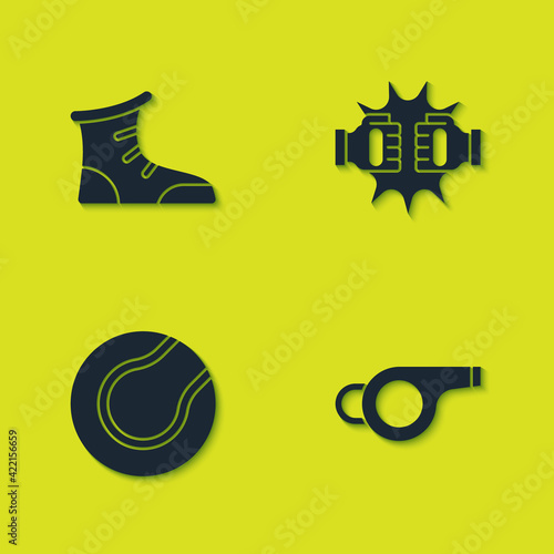 Set Sport boxing shoes, Whistle, Tennis ball and Punch gloves icon. Vector