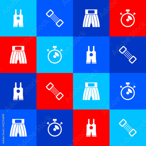 Set Wrestling singlet, Chest expander, Boxing short and Stopwatch icon. Vector