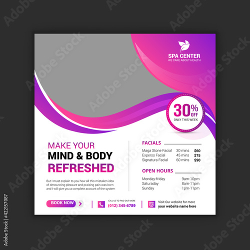 Spa and beauty social media post and spa massage, beauty salon promotional banner