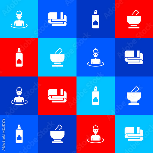 Set Man in the sauna, Towel stack, Spray can for hairspray and Mortar and pestle icon. Vector