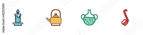 Set Aroma candle, Kettle with handle, Essential oil bottle and Sauna ladle icon. Vector