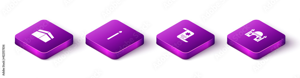 Set Isometric Kaaba mosque, Burning candle, Torah scroll and Muslim Mosque icon. Vector Set Isometric Kaaba mosque, Burning candle, Torah scroll and Muslim Mosque icon. Vector