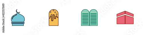 Set Muslim Mosque, Easter cake, The commandments and Kaaba mosque icon. Vector