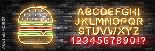 Vector realistic isolated neon sign of Burger with easy to change color font alphabet logo for template decoration and covering on the wall background. Concept of fast food, cafe and restaurant.