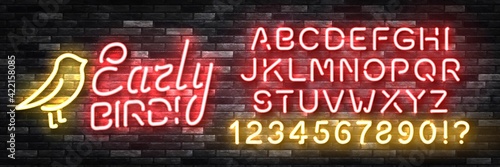 Vector realistic isolated neon sign of Early Bird with easy to change color font alphabet logo for template decoration and covering on the wall background. Concept of sale.