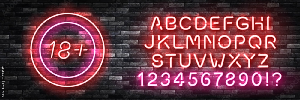 Vector realistic isolated neon sign of 18+ logo with easy to change color font alphabet for decoration and covering on the wall background.